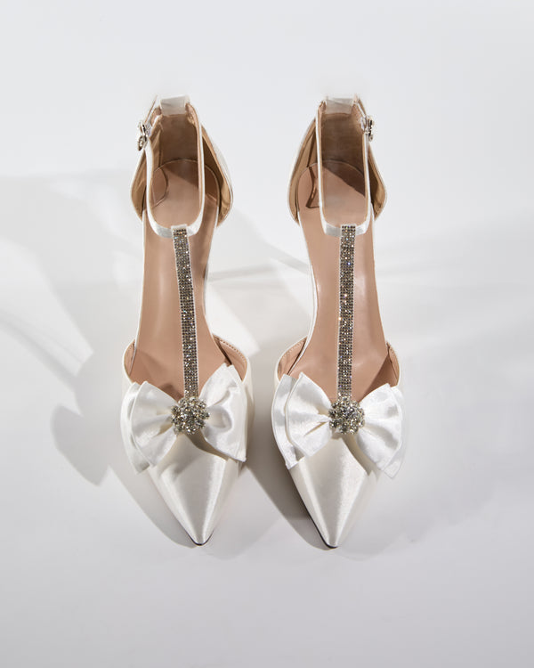 Zaina Bow Rhinestone T Strap Pumps In White