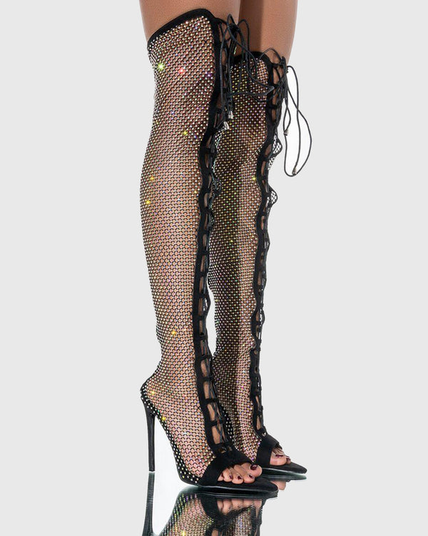 Titian Diamond Mesh Lace Up Over The knee Boots