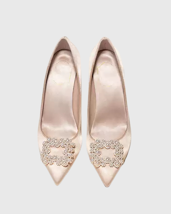 Vaike Rhinestone Buckle Satin Pumps In Champagne