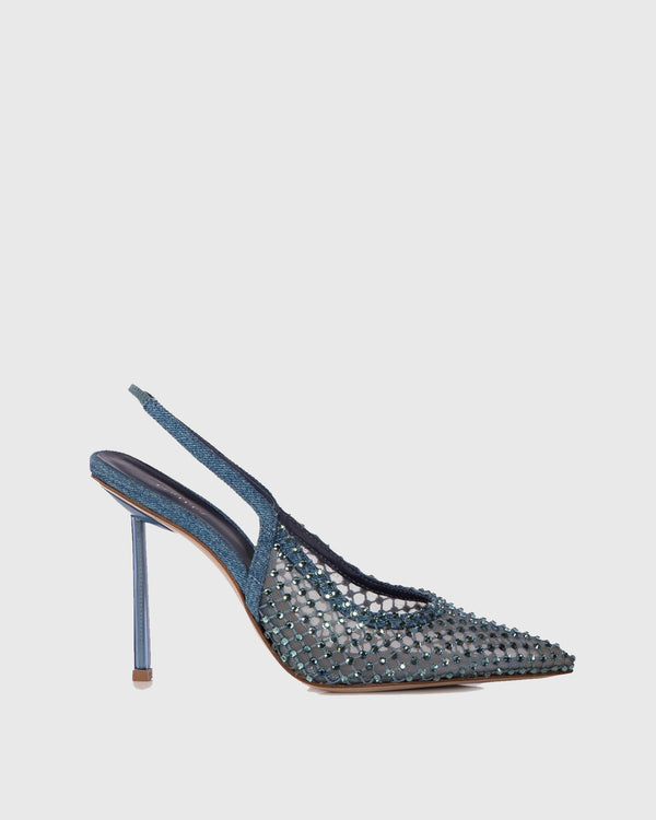 Vivia Rhinestone Denim Slingback Pumps In Blue