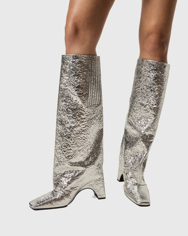 Yamin Ruched Metallic Knee High Boots In Silver