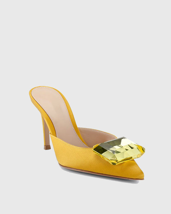 Yanaba Rhinestone Satin Mules In Yellow