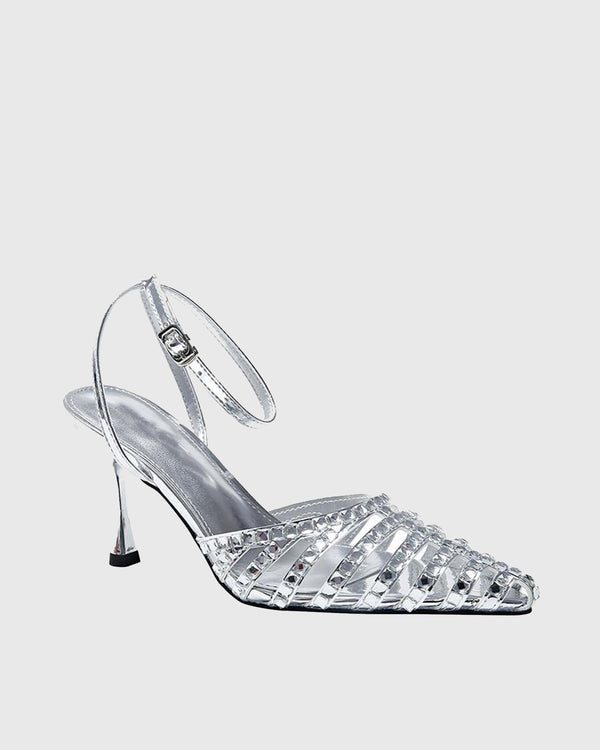 Yasma Cutout Rhinestone Strap Sandals In Silver