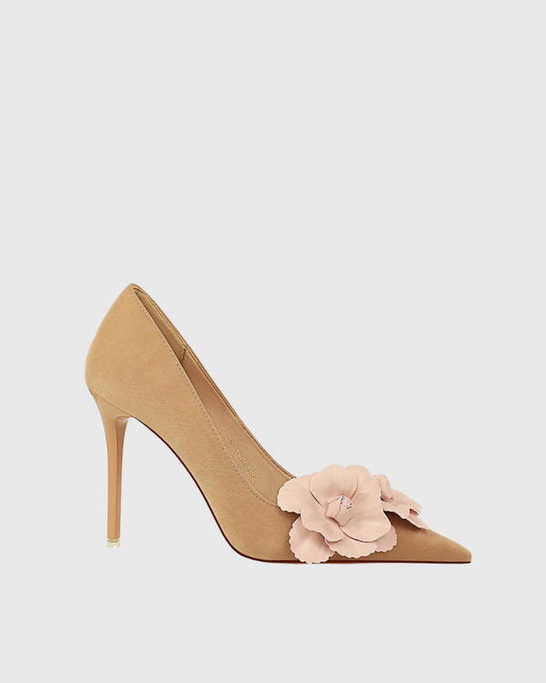 Yasmin Twin Flower Velvet Pumps In Beige