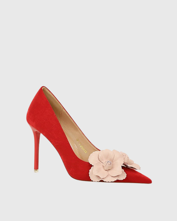 Yasmin Twin Flower Velvet Pumps In Red