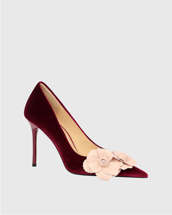 Yasmin Twin Flower Velvet Pumps In Red