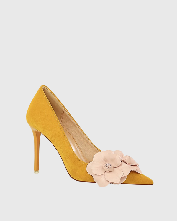 Yasmin Twin Flower Velvet Pumps In Yellow