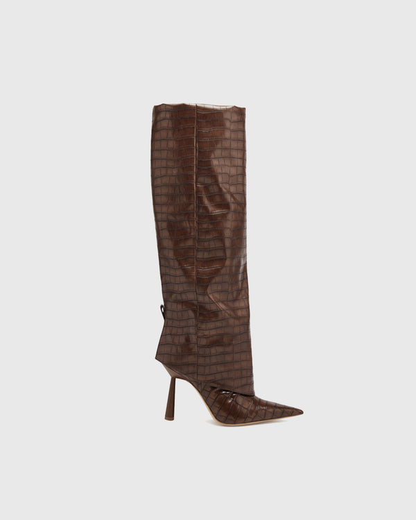 Yavesly Crocodile Print Knee High Boots In Brown