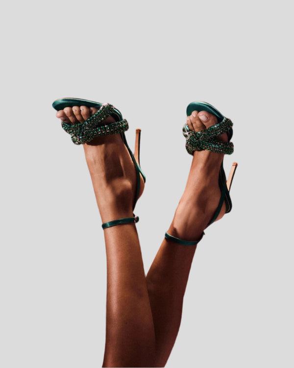 Yeo Rhinestone Cross Strap Sandals In Green