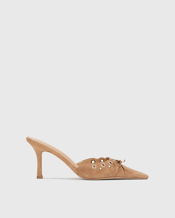 Zabella Rivet Cutout Bow Velvet Mules In Beige