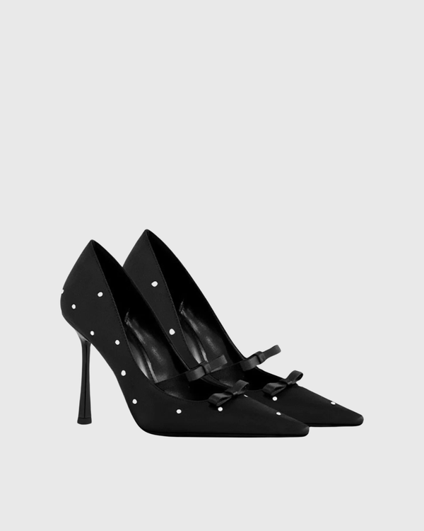 Zaina Polka Dot Bow Satin Pumps In Black