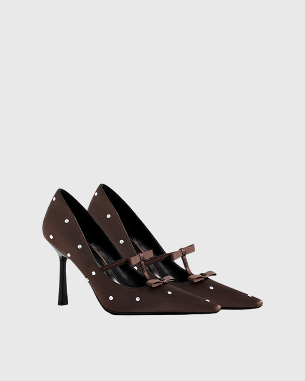 Zaina Polka Dot Bow Satin Pumps In Brown