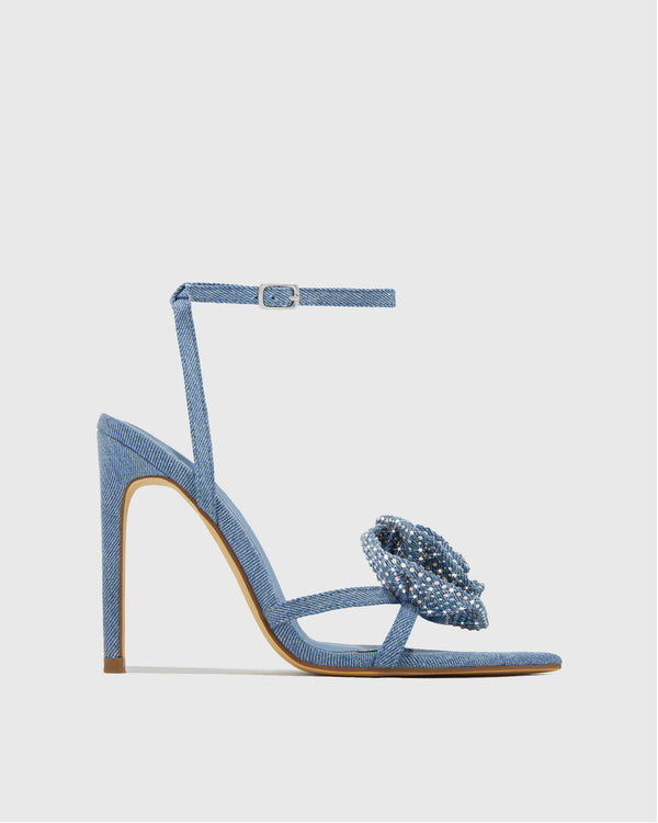 Zaira Rhinestone Flower Denim Sandals In Blue