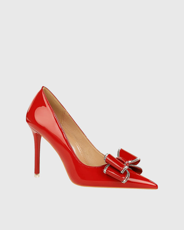 Zamora Rhinestone Bow Patent Leather Pumps In Red