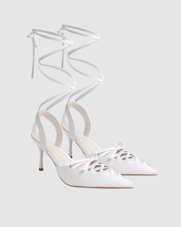 Zanta Bow Lace Up Satin Pumps In White