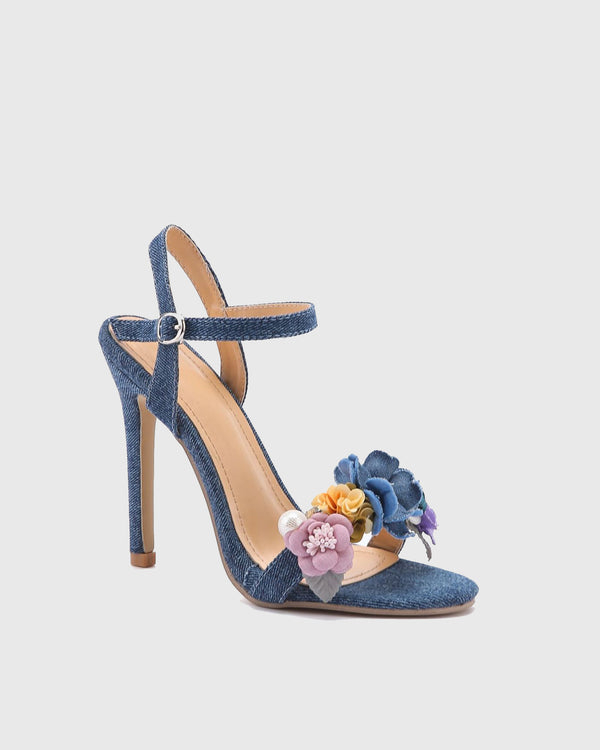 Zaryn Pearl Flowers Denim Sandals In Blue