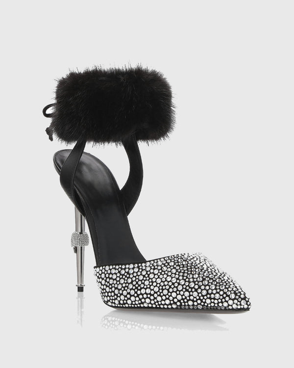 Zoe Rhinestone Faux Fur Strap Pumps