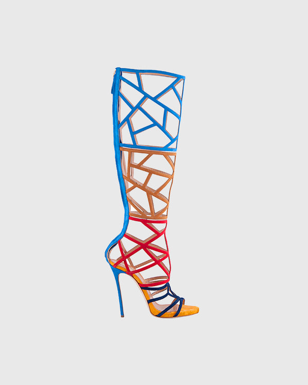 Virna Colorblock Cage Knee High Boots In Multi