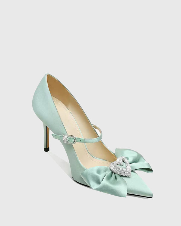 Zaina Crystal Heart Bow Satin Pumps In Green