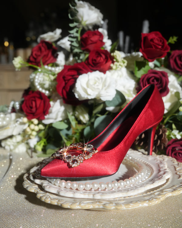 Vaike Rhinestone Buckle Satin Pumps In Red